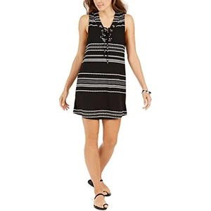 Dotti Dahlia Stripe Lace-Up Front Tank Dress Cover-Up Black/White SM - Picture 1 of 4
