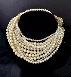 MAGNIFICENT 12 STRANDS NECKLACE COLLAR 16.5" NECKLACE FAUX PEARLS HASKELL CLASP - Picture 1 of 12