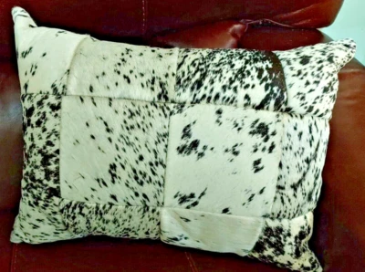 Cowhide Fur Cushion Pillow White and black GRAY black Leather  COVER handmade - Image 1 of 4