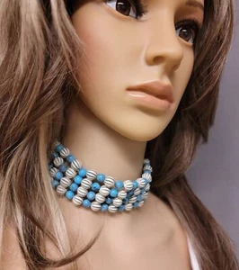 Vintage Turquoise Blue White Multi Strand Bead Collar Choker Necklace 13.5-16.5" - Picture 1 of 5