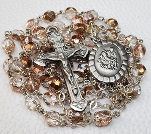 Pieta Sorrowful Mother Catholic Rosary Clear/Brown Glass Beads Pewter Crucifix - Picture 1 of 7