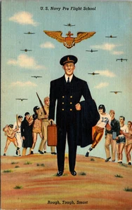 U.S. NAVY PRE FLIGHT SCHOOL - ROUGH TOUGH SMART VINTAGE CURTEICH LINEN POSTCARD - Picture 1 of 2