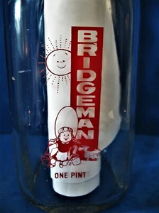 Vintage Bridgeman 1 Pint Milk Bottle with Pyroglazed Red Graphics - Picture 1 of 8