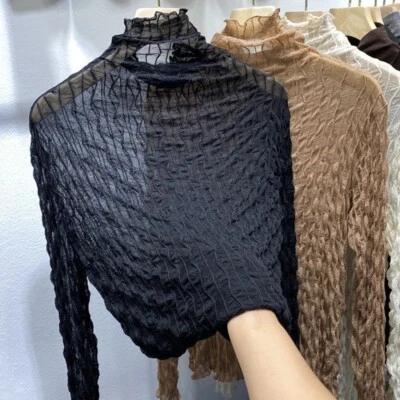 Women Frill Lace Mesh Shirts Tops Blouse Pullover Basic Turtle Neck - Image 1 of 4
