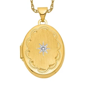 14K Solid Two Tone Gold Diamond Star Oval Photo Locket Necklace - Picture 1 of 24