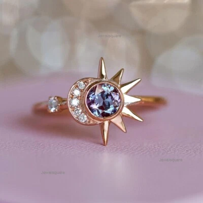 5mm Alexandrite & Diamond Crescent Ring 14k Gold Celestial Half Moon Boho Ring - Image 1 of 4