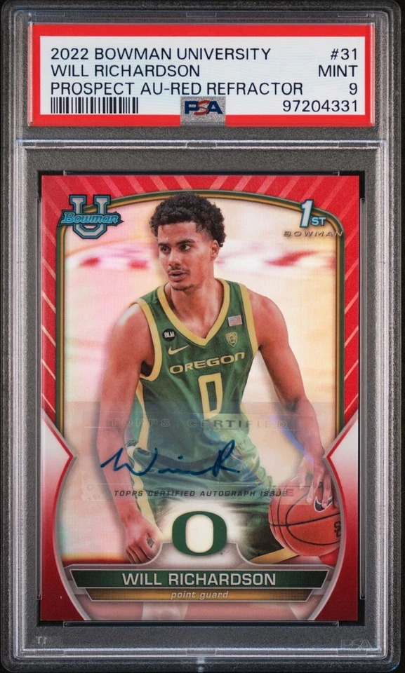2023 Bowman University Will Richardson PSA 9 1st Bowman Red Auto /5 SSP - Oregon - Image 1 of 2