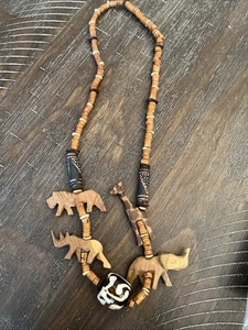 Collar Tribal Vintage Africano Tallado a Mano Madera Safari Animales de la Selva - Imagen 1 de 15