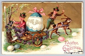 Easter Greeting, Two Male Figures, Rabbit pulling Cart, Egg, Parade, Postcard - Picture 1 of 2