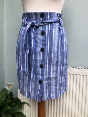 H&M Ladies Blue Skirt Size 8 Knee Length Button Up 95% Linen Pockets New - Image 1 of 4