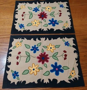 Multi-color Floral Flowers Beige Black Cotton Placemats Set 2 18.25x13.5 - Picture 1 of 6