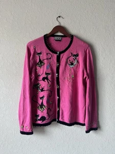 BEREK sz XL cardigan sweater atomic pink kitty martini cats beaded  - Picture 1 of 11