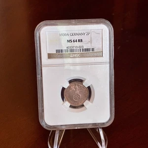 1939-A NGC Graded MS-64 RB Toned Third Reich NAZI WWII 2 ReichsPfennig - Picture 1 of 2