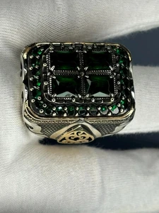 Vintage Emerald Green Gemstone Sterling Silver Men's Ring: Ottoman Design - Picture 1 of 6