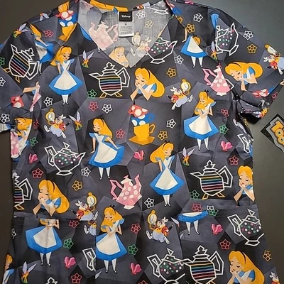 Cherokee Scrubs Shirt Nurse Disney Tooniforms Alice In Wonderland Medium NEW NWT - Image 1 of 4