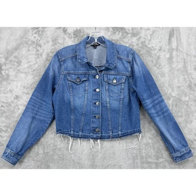 Chaqueta Express Mujer Denim Mediana Dobladillo Crudo Desgastada Recortada Años 90 Y2K Bolsillos Foto 1 de 4