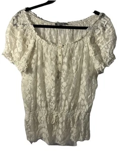 NY Collection Wms Lace Blouse Sz XL Elastic Neck, Short Sleeves And Waist - Picture 1 of 2