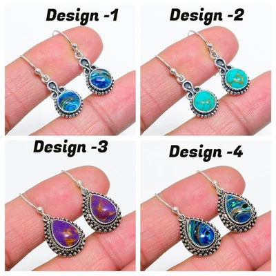 Pendientes de cobre turquesa y arco iris calsilica plata de ley 925 joyería retro Foto 1 de 4