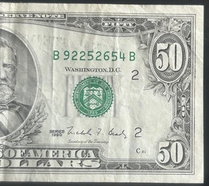 (VINTAGE!) $50 Old Vintage Small Head New York Currency B92252654B Series 1990 - Picture 1 of 3