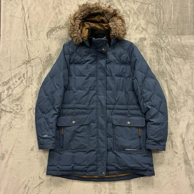 Parka acolchada Eddie Bauer EB550 para mujer L abrigo con capucha de piel sintética bolsillos azules Foto 1 de 4