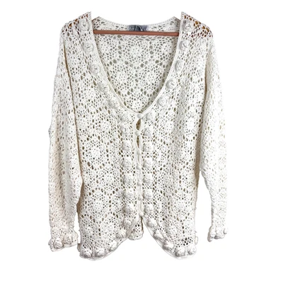 Cárdigan De Colección Años 90 Cristal Kobe Blanco Crochet L Aplique Floral Granny Cottage Foto 1 de 4