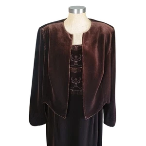 Adriana Papell Cocktail Dress 16W Maxi Brown +Jacket Embroidered Beaded Velvet  - Picture 1 of 17