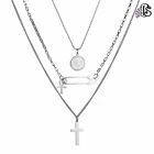 Men Women Ankh Cross Cartilage Safety Pin Charm Necklace Multilayer Chain 15"+2"