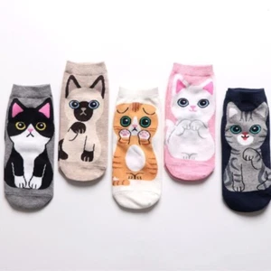 5 Pairs/ Set Women's Cartoon Cute Cat Ankle Socks Breathable Perfect forEveryday - Picture 1 of 6