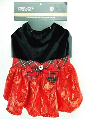 Vestido Perro Talla Mediana Negro Terciopelo Superior Rojo Lentejuelas Parte Inferior Tartán Faja a Cuadros Foto 1 de 4