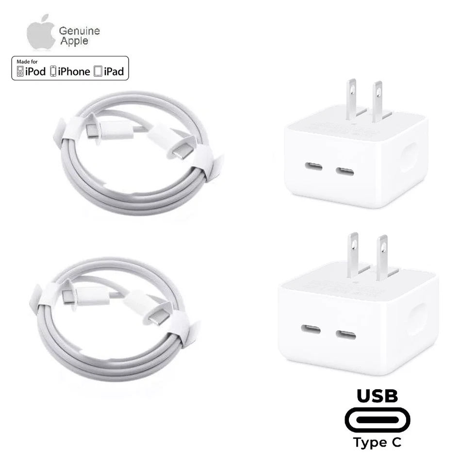 ✅ Genuine Apple 35W Dual USB-C Port Adapter A2571 iPhone 15 / 16 +Charging Cable - Image 1 of 3