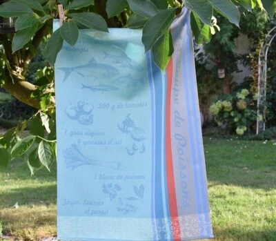 Geschirrtuch Baumwolle Jacquard 50x70 cm türkis mit Fischrezept aus Frankreich - Bild 1 von 4