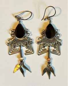 Peruvian Murano Gem Glass Dangle Earrings "Dark Brown" Alpaca Silver w/Gift Box - Picture 1 of 1