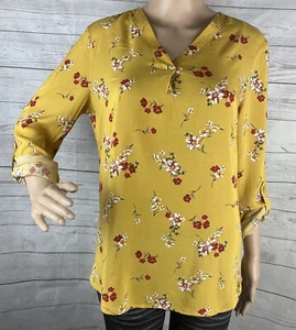 Brina & EM Blouse Small Mustard Yellow Red White Floral 100% Rayon Oversized Top - Picture 1 of 12