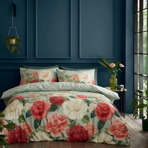 RHS Rose Garden 100% Cotton 200TC Reversible Duvet Cover Bedding Set Green - Imagen 1 de 12