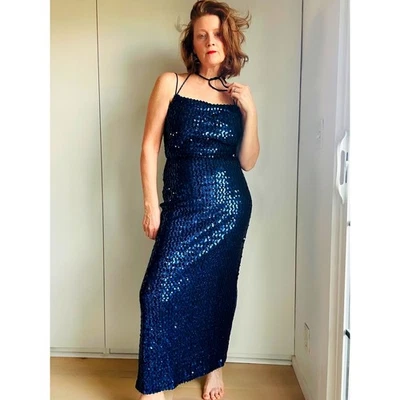 Vintage 80s Full Sequin Gown Size Medium Blue Full Length Fitted Party Made USA - Image 1 of 4