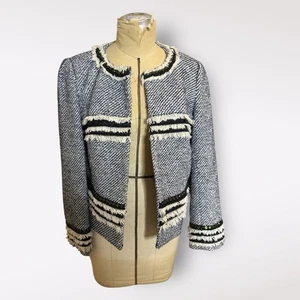 Tory Burch Blue And White Tweed Jacket With Fringe Trim Detail Size 10 - Picture 1 of 5