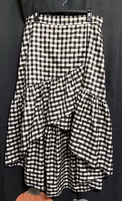 Eliza J 格子格子高低不对称塔夫绸裙黑色白色格子 14 码 — 第 1/4 张图片