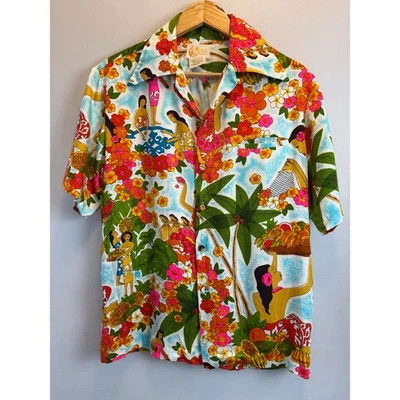 Vintage Iolani Hawaiian Shirt Mens Med Plumeria Hula Dancers Palm Fruit All Over - Image 1 of 4