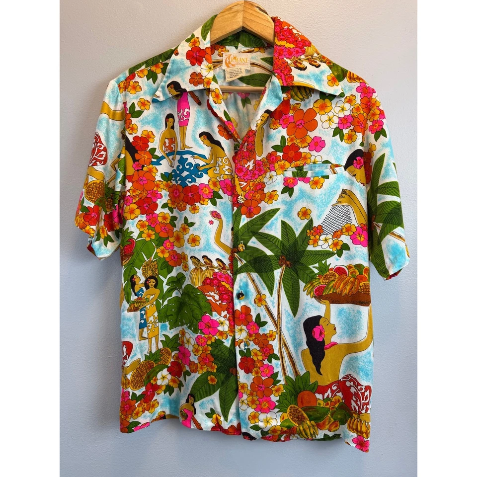 Vintage Iolani Hawaiian Shirt Mens Med Plumeria Hula Dancers Palm Fruit All Over - Image 1 of 4