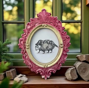 Opossum Family mini art watercolor print in vintage style ornate frame - Picture 1 of 2