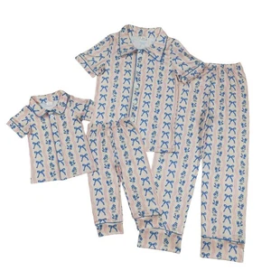 Mommy and Me Blue Floral Bow Print Button Down Short Sleeve Pajama Set - Picture 1 of 5