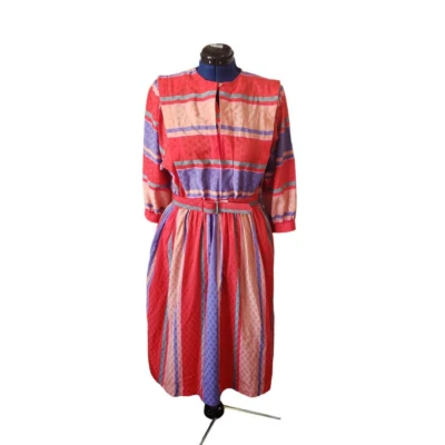 Vestido Jackie Taub Mujer Multicolor Rayas Cinturón Midi Manga 3/4 Talla 14 AA178 Foto 1 de 4