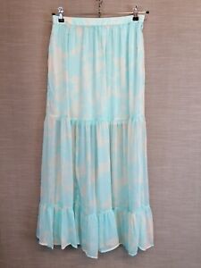 H&M Maxi Skirt Size 14 Blue Cream Semi Lined Sheer Tiered Lightweight Floaty