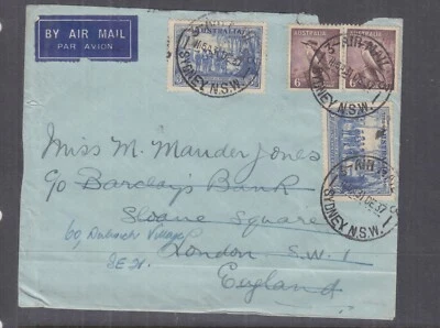 AUSTRALIA, 1938 Cubierta de correo aéreo Sydney a GB, 3d. Sesqui (2), 6d. Cuca (2) Foto 1 de 2