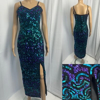 Maxi Vestido De Colección Años 90 Escala 100% Seda Cuentas a Mano Lentejuelas Sirena Verde Azulado Talla S Formal Foto 1 de 4