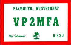 VTG HAM RADIO CQ QSL QSO CARD VP2MFA/K8SJ PLYMOUTH MONTSERRAT  1993 - Picture 1 of 2