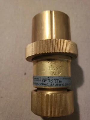 Russellstoll  3730B Brass Plug 10A/600VAC, 20A/125V, NSN 5935007773472, NOS. - Image 1 of 4