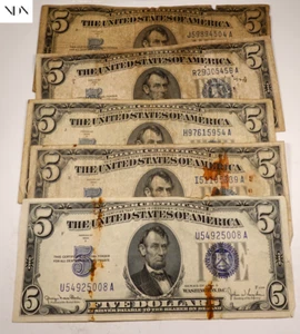 (5) 1934 Five Dollar Blue Seal Note Lot - Circulated - $5 Bill Set - Picture 1 of 3