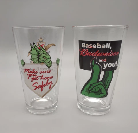 Pair Dayton Dragons Baseball Pint Glasses / Budweiser / Cincinnati Reds High A Cover