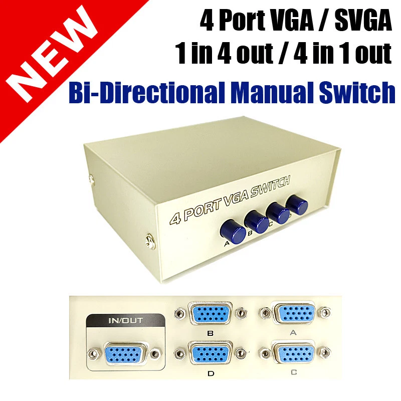 4 Port VGA Manual Switch Bi-Directional 1 to 4 For Monitor PC CCTV TV Sharing - Image 1 of 1